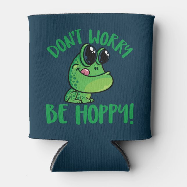 Don't Worry Be Hoppy Smiling Cartoon Frog Can Cooler (Front)