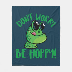 Don't Worry Be Hoppy Smiling Cartoon Frog Fleece Blanket