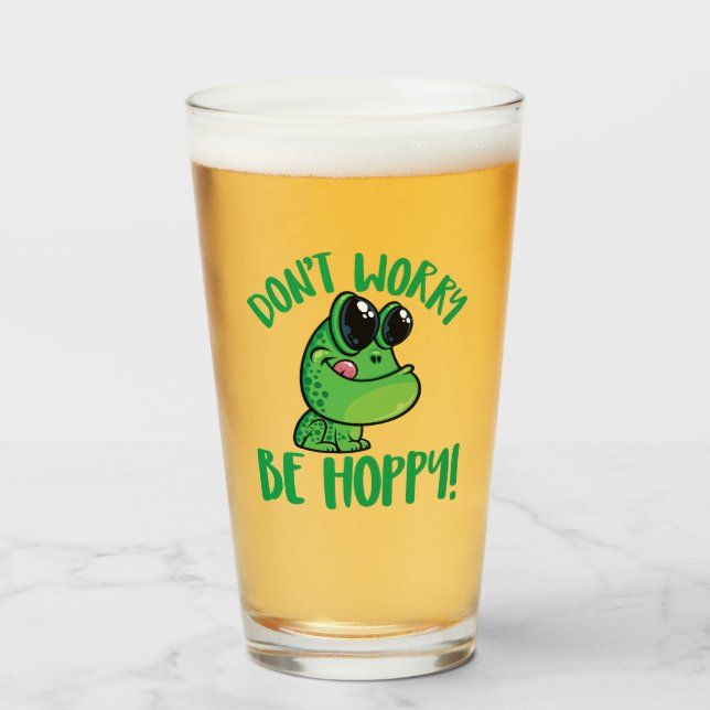 Don't Worry Be Hoppy Smiling Cartoon Frog Glass (Front Filled)