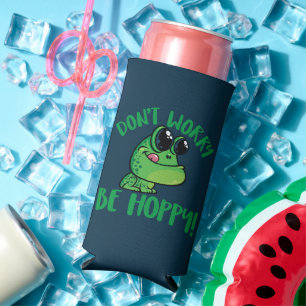 Don't Worry Be Hoppy Smiling Cartoon Frog Seltzer Can Cooler