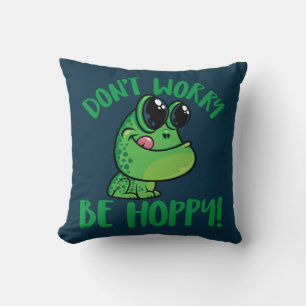 Don't Worry Be Hoppy Smiling Cartoon Frog Throw Pillow