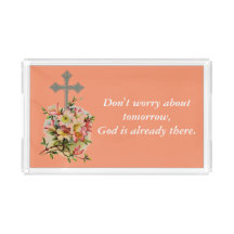 Don't Worry Vanity Tray w/Pink Flower Cross