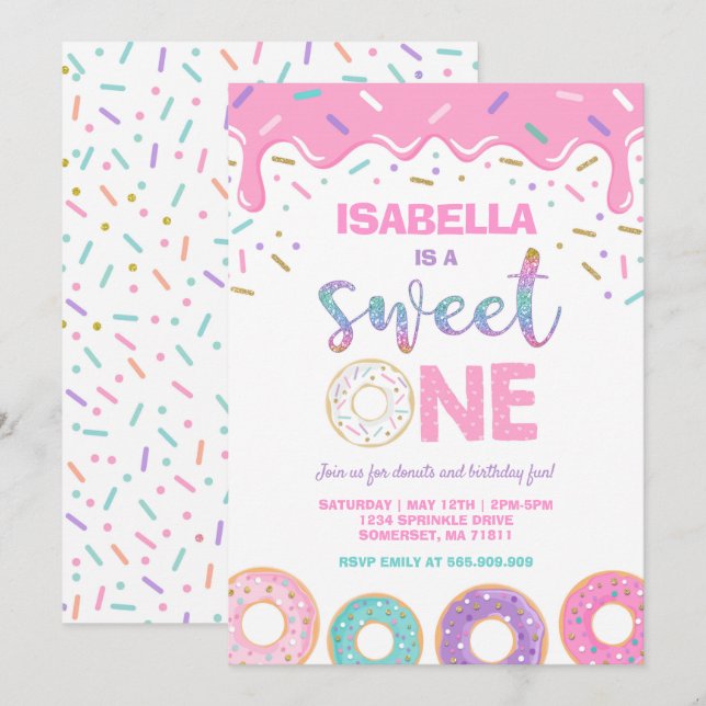 Donut 1er Anniversaire Invitation Donut Sweet One (Devant / Derrière)