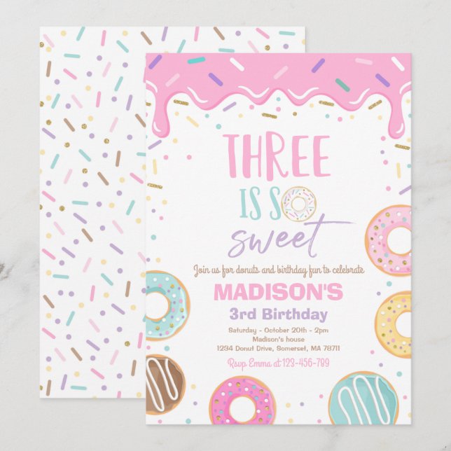 Donut 3e anniversaire Invitation Donut Three is Sw (Devant / Derrière)