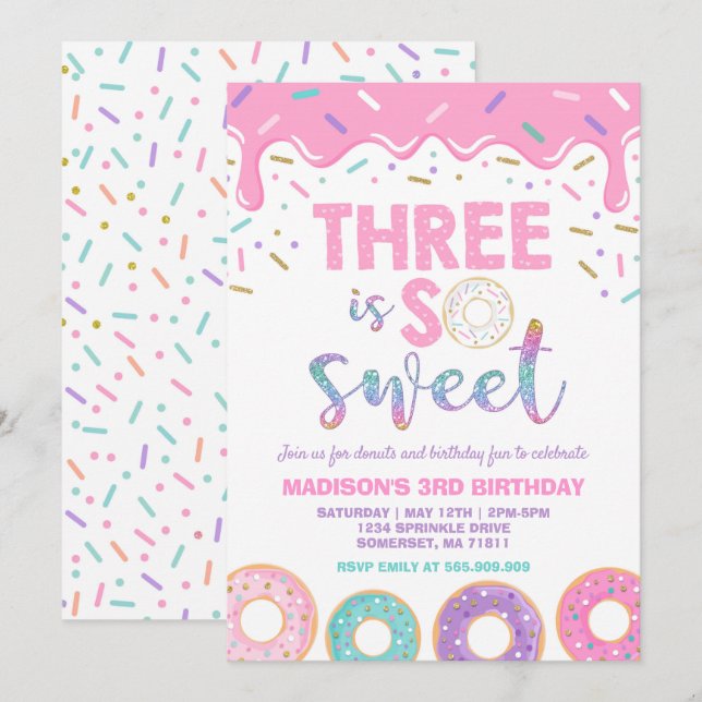 Donut 3e anniversaire Invitation Donut Three is Sw (Devant / Derrière)