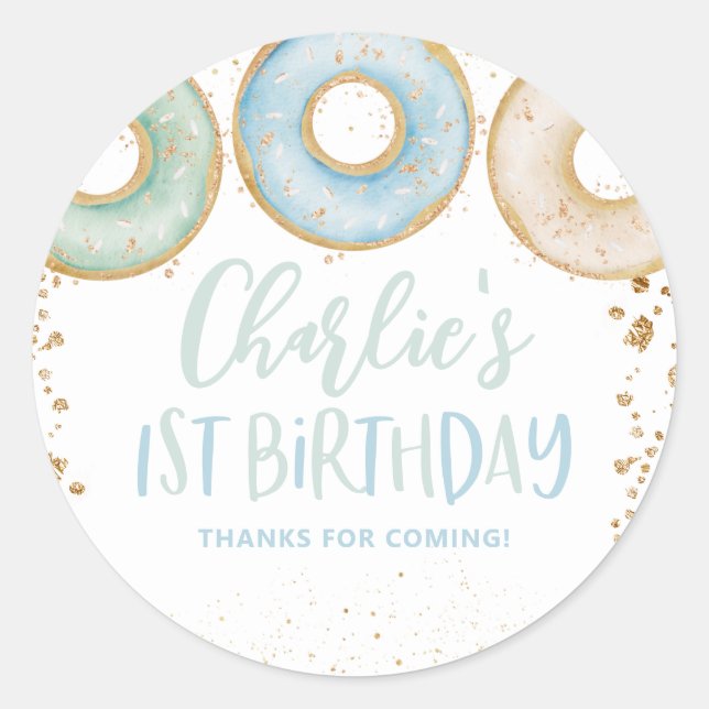 Donut Birthday Thank You Sticker 1st Birthday Blue (Front)