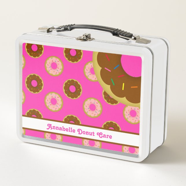 Donut Care Sprinkled Donuts Pink Personalized Metal Lunch Box (Front)