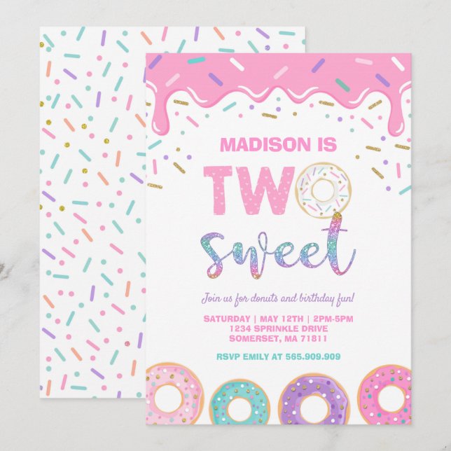 Donut Deux Invitations de fête douce rose (Devant / Derrière)