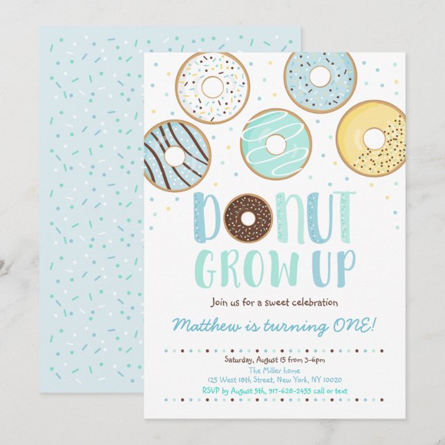DONUT Grow Up Blue Doughnut Boy Birthday Invitation (Front/Back)