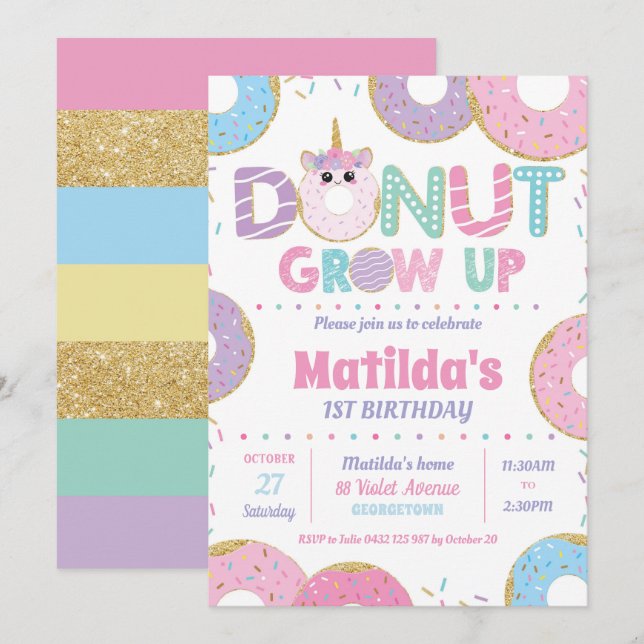 Donut Grow Up Unicorn Anniversaire Invitations Fil (Devant / Derrière)