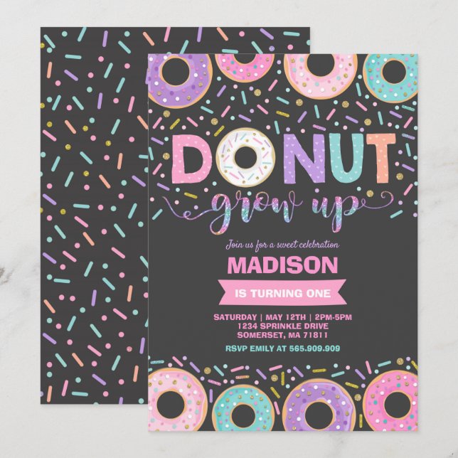 Donut Invitation Anniversaire Donut Grow Up Party (Devant / Derrière)