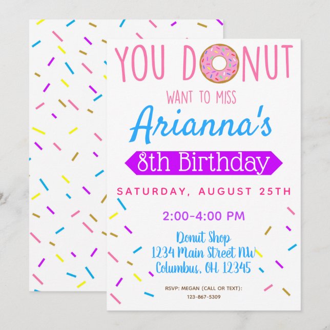 Donut, Invitation du Parti Anniversaire de enfant  (Devant / Derrière)