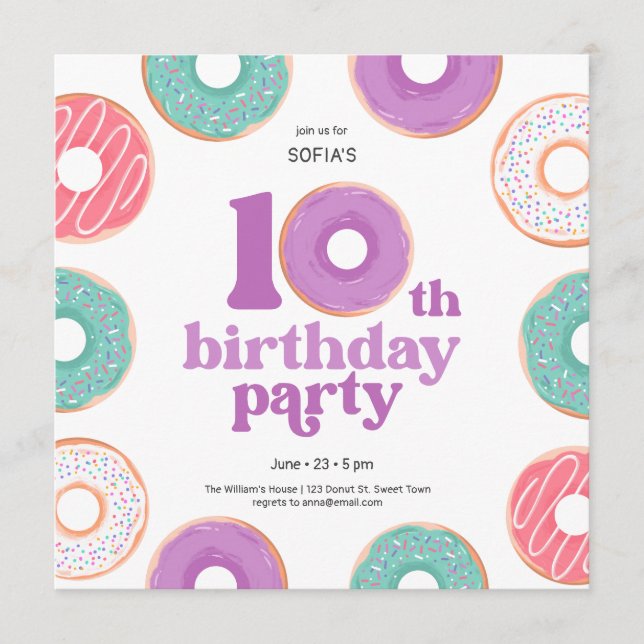 Donut Party Girl 10th Birthday Invitation (Front)
