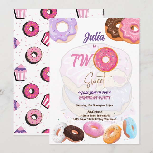 Donut rose 2e anniversaire invitation (Devant / Derrière)