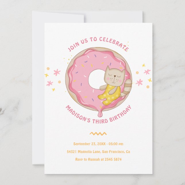 Donut Rose Avec Chat Invitation Anniversaire (Devant)