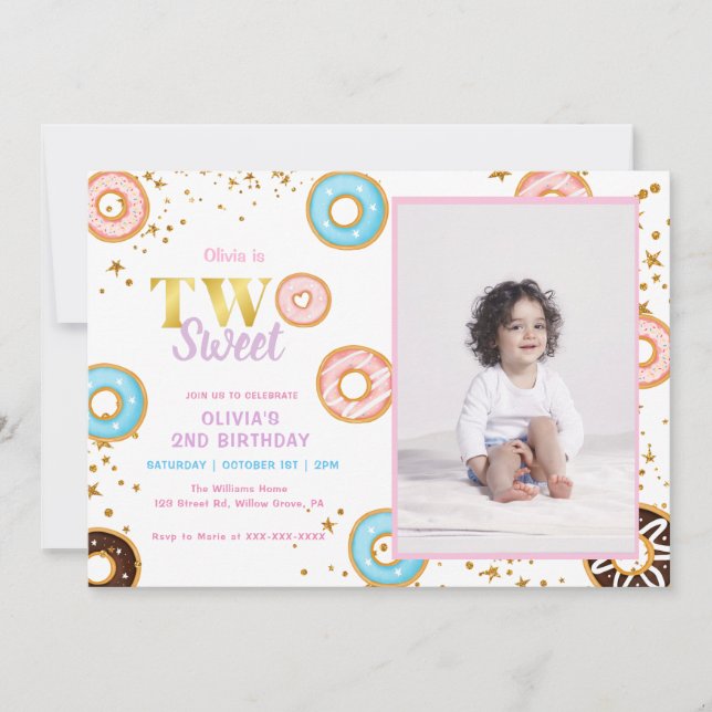 Donut rose Deux doux Invitation du 2e anniversaire (Devant)