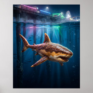 Donut Shark Neon Pier Poster