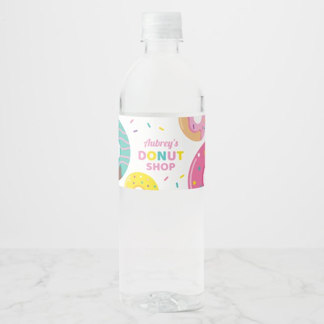 Donut Water Bottle Label for Girl Birthday Party (Front)