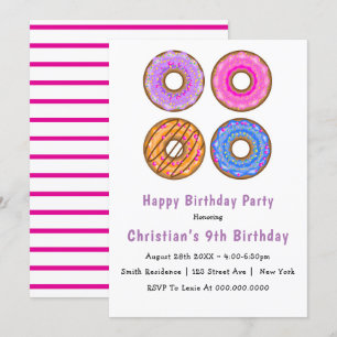 Donuts 9th Birthday Party Invitations