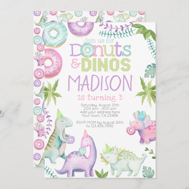 Donuts and Dinos Invitation (Pink & Lavender) (Devant / Derrière)