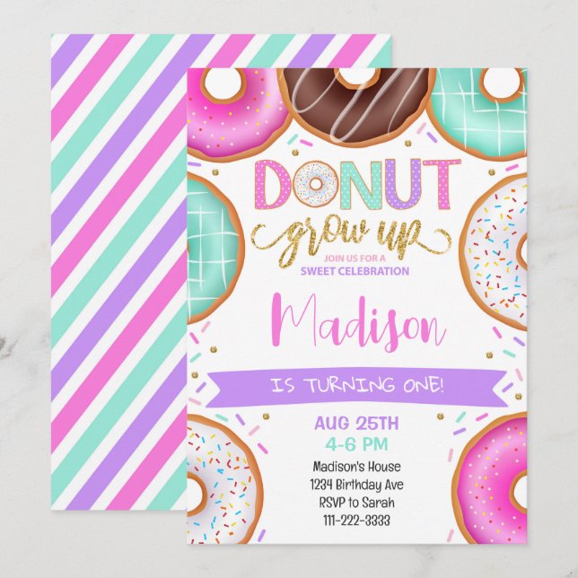 Donuts colorés Filles Invitation Anniversaire (Devant / Derrière)