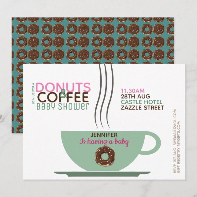 DONUTS DE CAFÉ Baby shower Invitation Turq rose (Devant / Derrière)