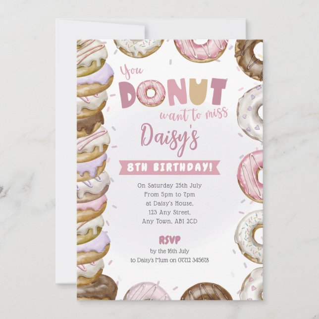 Donuts empilés Invitation Anniversaire rose et vio (Devant)