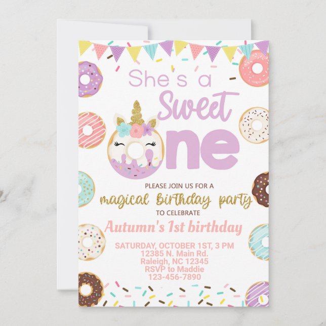 Donuts et une licorne invitation d'anniversaire de (Devant)