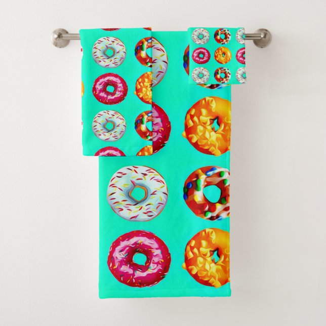 Donuts on turquoise bath towel set (Insitu)