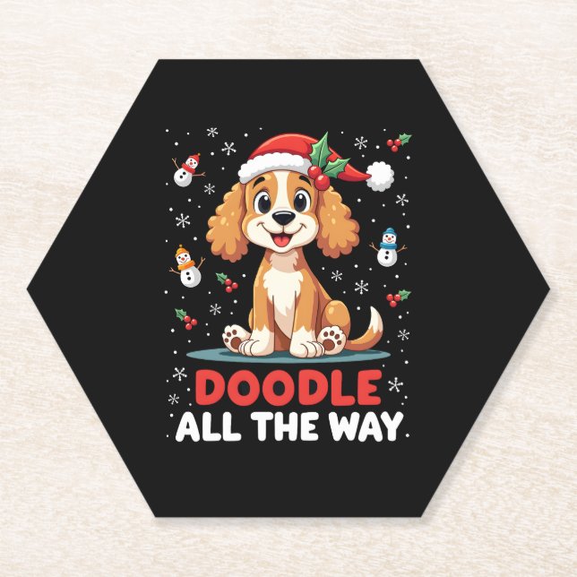 Doodle All The Way Funny Goldendoodle Santa Hat Ch Paper Coaster (Front)