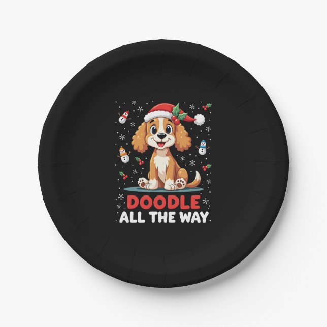 Doodle All The Way Funny Goldendoodle Santa Hat Ch Paper Plate (Front)