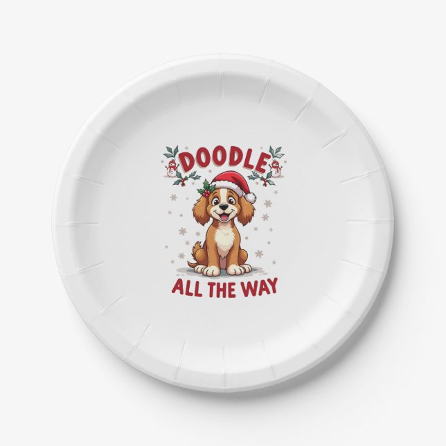 Doodle All The Way Funny Goldendoodle Santa Hat Ch Paper Plate (Front)
