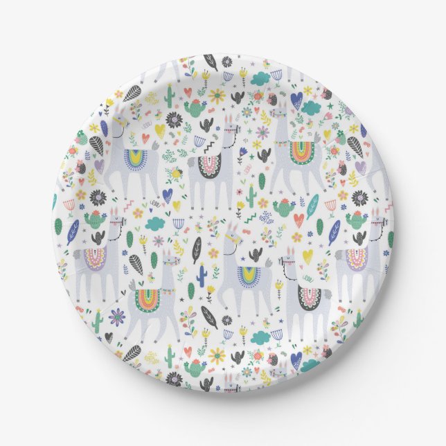 Doodle Alpaca Pattern Paper Plate (Front)