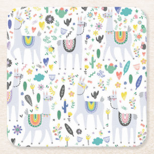 Doodle Alpaca Pattern Square Paper Coaster