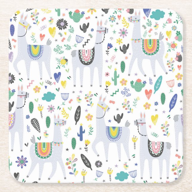 Doodle Alpaca Pattern Square Paper Coaster (Front)
