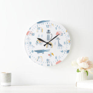Doodle Animal Fun Pattern Large Clock