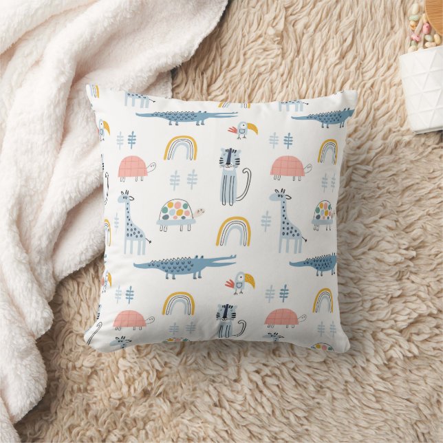 Doodle Animal Fun Pattern Throw Pillow (Blanket)