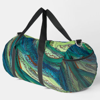 Doodle art blues and greens duffle bag