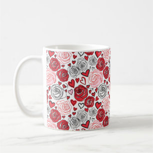 Doodle Art Style Red Pink Roses Hearts Valentine's Coffee Mug