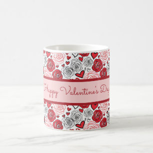 Doodle Art Style Red Pink Roses Hearts Valentine's Coffee Mug