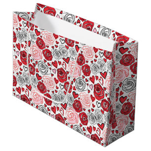 Doodle Art Style Red Pink Roses Hearts Valentine's Large Gift Bag
