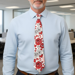 Doodle Art Style Red Pink Roses Hearts Valentine's Tie