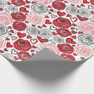 Doodle Art Style Red Pink Roses Hearts Valentine's Wrapping Paper