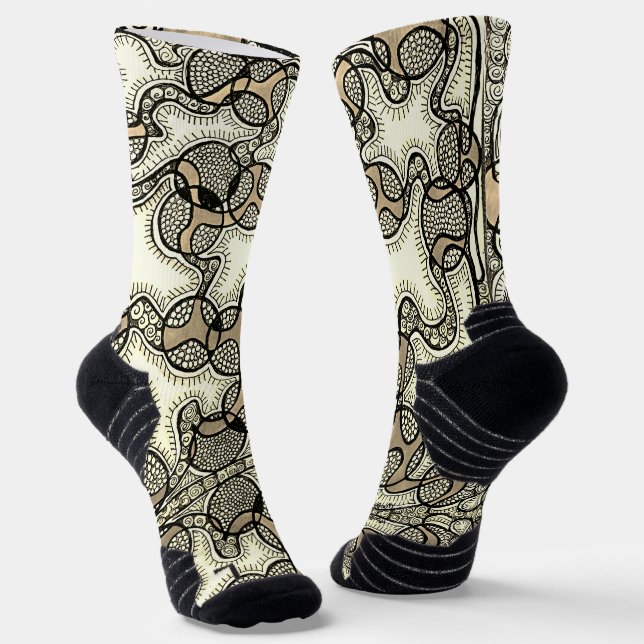 Doodle art white and tan socks (Angled)