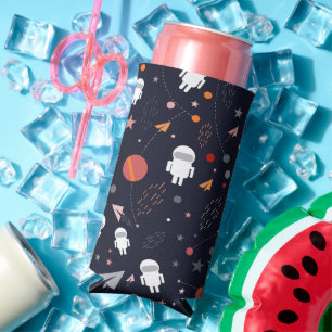 Doodle Astronaut Pattern Seltzer Can Cooler