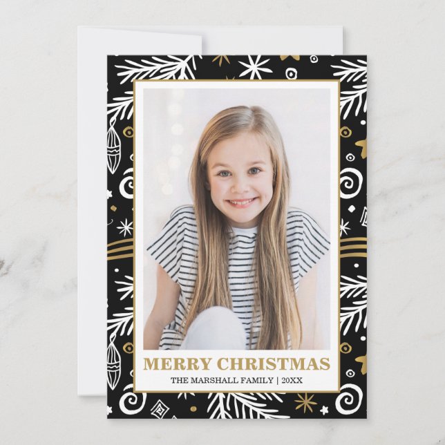 Doodle Black Gold White Pines Christmas photo Invitation (Front)
