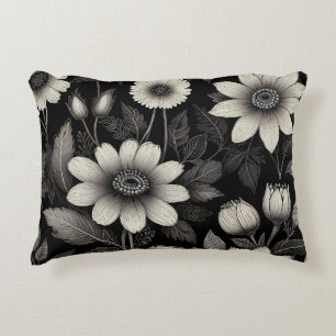 Doodle Black & White flowers graphic illustration Accent Pillow
