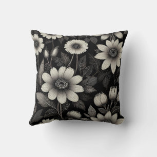 Doodle Black & White flowers graphic illustration Throw Pillow