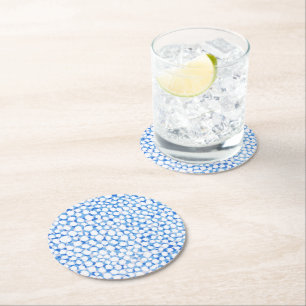 Doodle Blue White Dots Floral Blossom Watercolor Round Paper Coaster