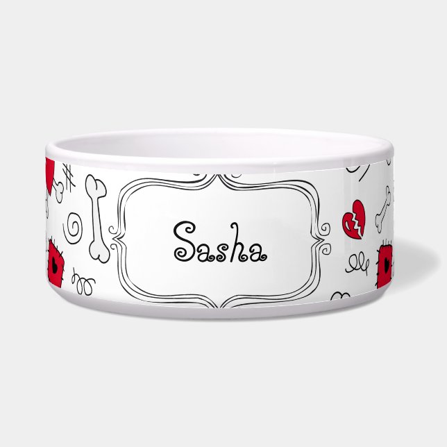 Doodle Bones and Hearts personalized pet bowl (Front)